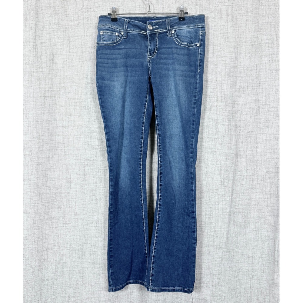Y2K Embellished Bootcut Jeans Low Rise Sz 6 Blue Denim Rhinestone Western Boho
